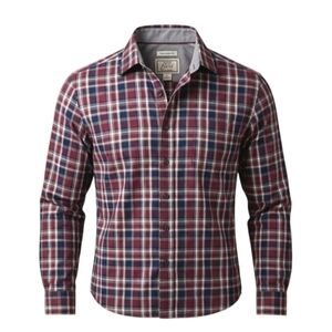 Jos A Bank 1905 Shirt Mens Large Burgundy Blue Plaid Tailored Fit Stretch Slim